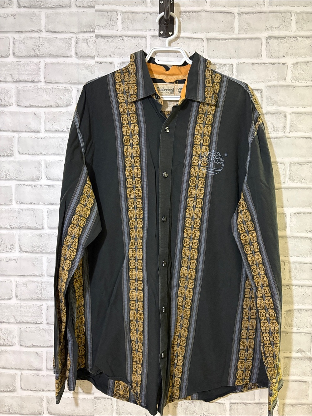 Timberland Black Shirt with Mustard Stripe Accents, size XL